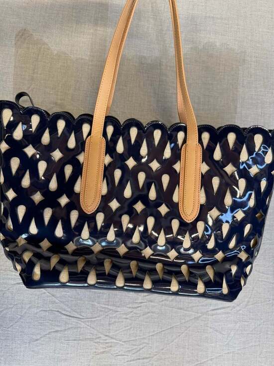 Sondra Roberts Handbags - Sondra Roberts Navy Patent Leather Laser Cut Out Tote Bag with Burlap Lining